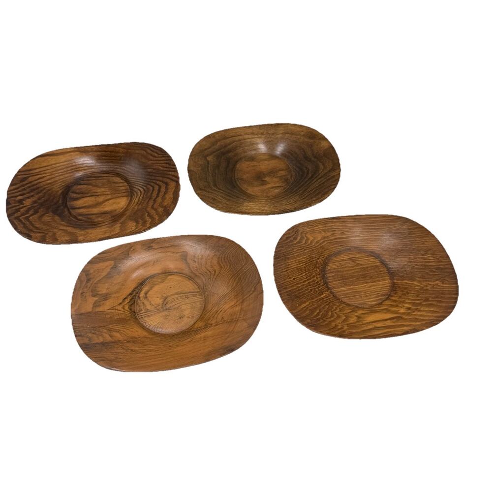 4 Vtg Wooden Tea Cup Saucer Coaster Japanese Zen Style Plate ~5.25 X 4.25‎ EUC